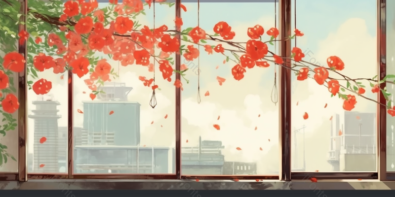 夏至清晨窗外高楼耸立窗内牵牛花绽放插画,插画/手绘图,插画/手绘图库,插画/手绘图下载,插画/手绘